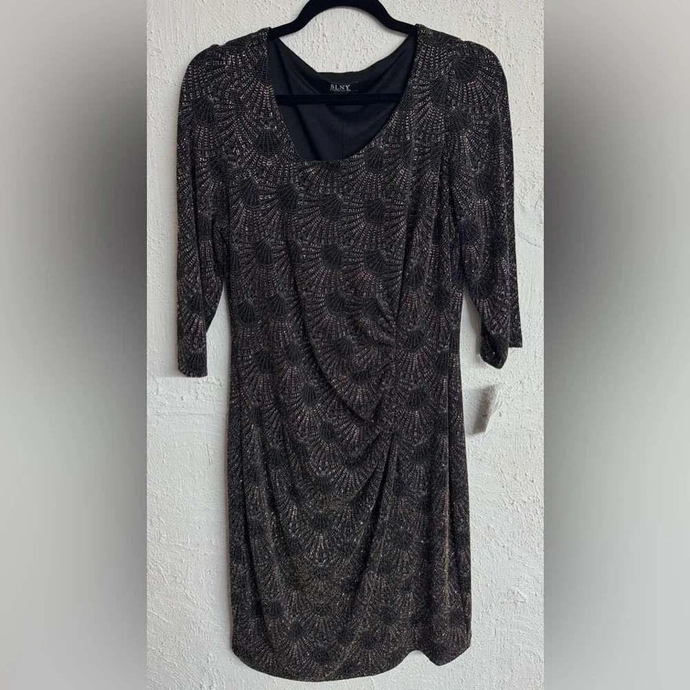 SLNY Printed Metallic Sequin Sheath Cocktail Evening Wear Dress Size 14